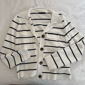 Tahari Black and White Striped Cardigan Sweater Blazer